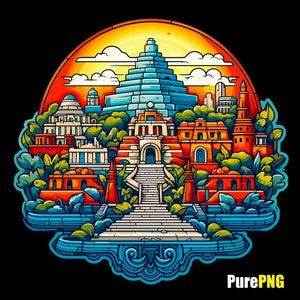 Può includere: Un'illustrazione colorata di un paesaggio urbano con una grande piramide al centro, circondata da edifici e vegetazione lussureggiante. Il design presenta una vivace tavolozza di colori arancione, blu e verde, su sfondo nero.