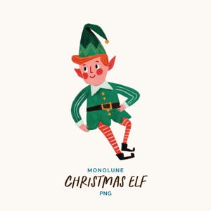 Könnte beinhalten: Eine Illustration eines Weihnachtselfen. Der Elf hat rotes Haar, rosige Wangen und spitze Ohren und trägt ein grünes Outfit und einen Hut. Der Elf posiert mit einer Hand auf der Hüfte, darunter der Text "CHRISTMAS ELF".
