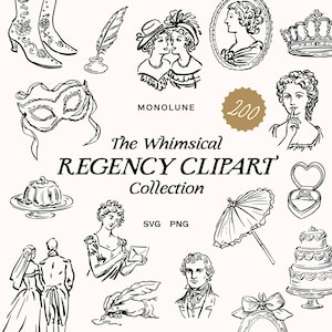 Peut inclure: Une collection numérique d'illustrations en noir et blanc au trait représentant des motifs de l'époque Régence, dont des bottes, une plume, des portraits, un masque, une ombrelle, une bague en boîte et des gâteaux. Texte : MONOLUNE The Whimsical REGENCY CLIPART Collection 200 SVG PNG.