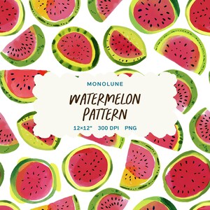 May include: Watercolor watermelon pattern on a white background. The design features various slices and whole watermelons in shades of red, green, and yellow. The text "MONOLUNE WATERMELON PATTERN" is displayed in a cloud-shaped banner. The image dimensions are 12x12 inches.