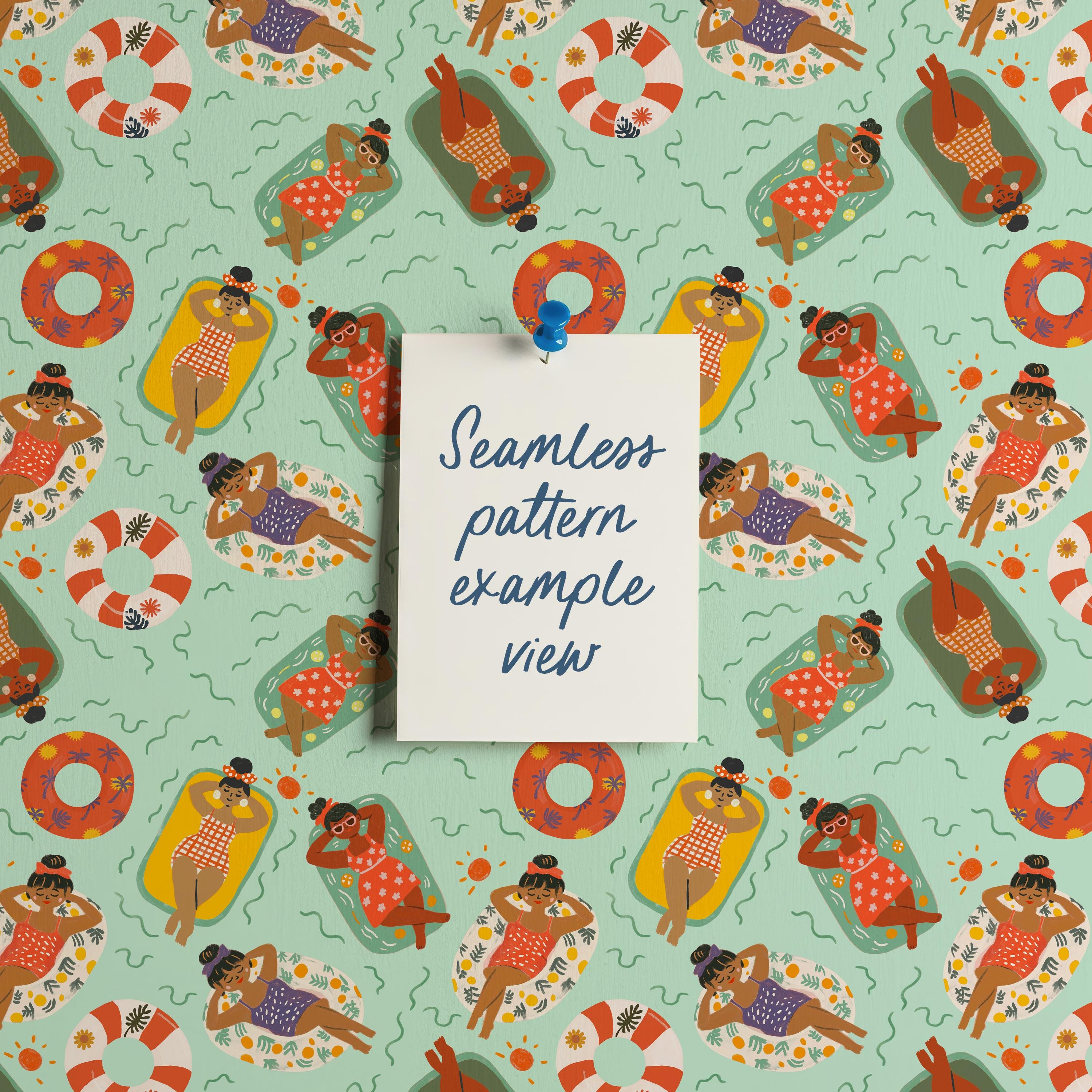 Patterned Floaties Sun & Floaties Seamless Pattern, Pool Party Summer Digital Paper, Retro ...