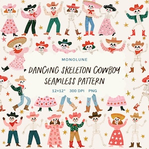 Dancing Skeleton Seamless Pattern, Western Cowboy Halloween Repeat Design, Day of the Dead Surface Design, Digital Download 12x12" PNG