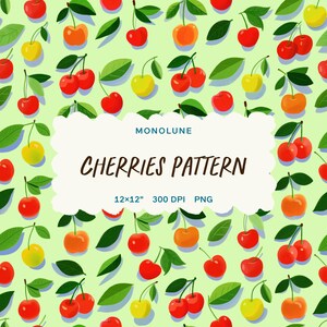 Cherry Seamless Pattern, Colorful Summer Fruit Repeat Design, Illustrated Cherry Surface Design, Digital Download, 12x12" PNG Commercial Use