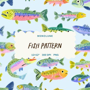 Könnte beinhalten: Ein skurriles Fischmuster-Design mit farbenfrohen Illustrationen verschiedener Fischarten auf hellblauem Hintergrund. Das Design enthält den Text "FISH PATTERN" und die Abmessungen "12x12" 300 DPI PNG". Das Muster ist von Monolune.