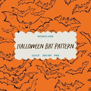 Könnte beinhalten: Oranger Hintergrund mit einem sich wiederholenden Muster aus schwarzen Fledermäusen. Das Bild enthält den Text "MONOLUNE" und "HALLOWEEN BAT PATTERN" in einer cremefarbenen, wolkenförmigen Box. Zusätzlicher Text lautet "12x12" 300 DPI PNG".
