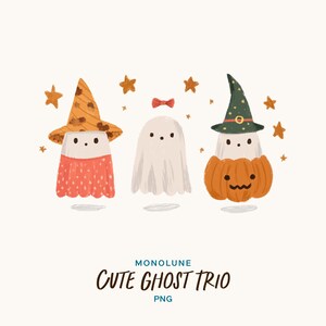 May include: An illustration of three cartoon ghosts, each with a unique design. One wears a witch's hat and sits on a pumpkin, another has a bow, and the third wears a hat and a dotted skirt. The text reads "Cute Ghost Trio".
