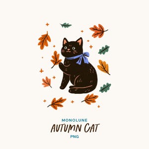 Könnte beinhalten: Illustration einer schwarzen Katze mit blauem Schal, umgeben von orangefarbenen und grünen Blättern. Der Text "AUTUMN CAT" steht unter der Katze, mit dem Wort "MONOLUNE" darüber und "PNG" darunter.