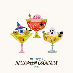 Könnte beinhalten: Eine digitale Illustration von drei bunten Cocktailgläsern mit einer rosa Kreatur, einem weißen Geist und einem blauäugigen Augapfel mit Hexenhut, garniert mit Oliven. Der Text darunter lautet MONOLUNE HALLOWEEN COCKTAILS PNG.