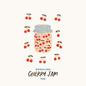 Könnte beinhalten: Illustration eines Kirschmarmeladenglases mit blau-weiß kariertem Deckel. Das Glas ist mit roten Kirschen gefüllt und von weiteren Kirschen umgeben. Der Text "MONOLUNE" und "CHERRY JAM" stehen unter dem Glas, darunter "PNG".