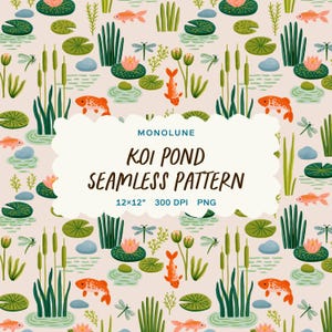 Könnte beinhalten: Ein nahtloses Muster mit einem Koi-Teich-Design. Die Illustration zeigt orangefarbene Koi-Karpfen, Seerosen, Libellen und Wasserpflanzen auf einem hellrosa Hintergrund. Der Text "KOI POND SEAMLESS PATTERN" ist zu sehen.