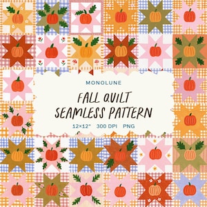 Fall Quilt Seamless Pattern, Pumpkin Star Block Gingham Repeat Design, Cottagecore Autumn Surface Design 12x12" PNG Commercial Use