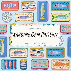 Könnte beinhalten: Ein sich wiederholendes Muster von Sardinenbüchsen in verschiedenen Farben und Designs. Die Dosen zeigen Illustrationen von Fischen, mit dem Text "SARDINE CAN PATTERN". Der Hintergrund ist hellblau.