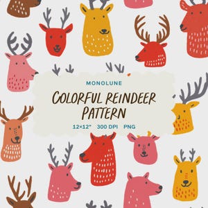Könnte beinhalten: Ein sich wiederholendes Muster mit bunten Rentierillustrationen in Rot-, Rosa- und Gelbtönen mit braunen Geweihen. Der Text "COLORFUL REINDEER PATTERN" wird auf hellem Hintergrund angezeigt. Das Muster ist 30,5 x 30,5 cm groß.