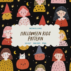 Könnte beinhalten: Ein sich wiederholendes Muster mit Illustrationen von Kindern, Kürbissen und Sternen auf schwarzem Hintergrund. Der Text "MONOLUNE HALLOWEEN KIDS PATTERN" wird auf einem weißen, wolkenförmigen Banner angezeigt. Das Muster ist 12x12 Zoll, 300 DPI und PNG.