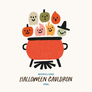 Könnte beinhalten: Eine Halloween-Illustration mit einem roten Kessel, aus dem lächelnde Geister, Kürbisse und Flammen aufsteigen. Der Kessel steht auf einem schwarzen Ständer mit einem Feuer darunter. Der Text lautet "MONOLUNE HALLOWEEN CAULDRON PNG."