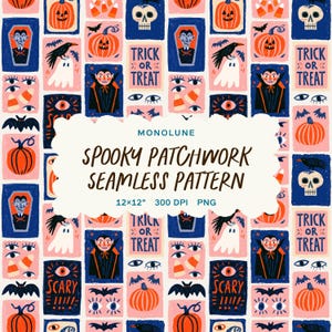 Spooky Patchwork Collage Halloween Seamless Pattern, Vampire Pumpkin Ghost, Orange Pink Navy Surface Design, Digital Download 12x12" PNG