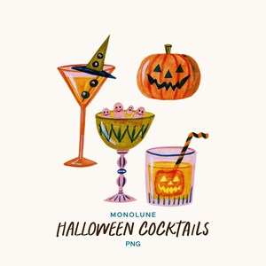 Könnte beinhalten: Eine digitale Illustration mit drei Halloween-Cocktails, einem Kürbisgesicht und dem Text MONOLUNE HALLOWEEN COCKTAILS PNG. Die Getränke umfassen ein Martiniglas mit Hexenhut, eine Sektschale mit rosa Geistern und ein Glas mit einem Kürbis-Motiv.