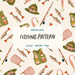 Könnte beinhalten: Ein skurriles Angelmuster mit olivgrünen Angelwesten, Hüten, Angelruten, Fischen und Netzen. Der Text "FISHING PATTERN" wird in einem wolkenförmigen Banner angezeigt. Das Muster ist 30.5x30.5 cm und 300 DPI.