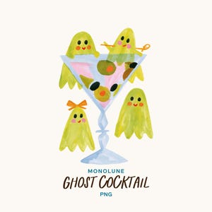 Könnte beinhalten: Eine digitale Illustration eines Martiniglases gefüllt mit Oliven, umgeben von vier kleinen, hellgrünen Geistern mit rosa Wangen. Ein Geist trägt eine orangefarbene Schleife. Der Text lautet MONOLUNE GHOST COCKTAIL PNG in dunkelblauer und brauner Schrift.