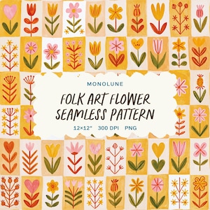 Folk Art Flower Seamless Pattern, Scandinavian Floral Tile Repeat Design, Cottagecore Autumn Surface Design 12x12" PNG Commercial Use