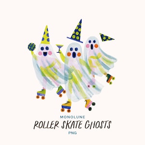 Könnte beinhalten: Drei weiße Geister mit bunten Partyhüten und Rollschuhen. Ein Geist hält eine Discokugel, ein anderer ein Martiniglas und der dritte hat den Mund offen. Der Text lautet MONOLUNE ROLLER SKATE GHOSTS PNG in blauer und brauner Schrift.