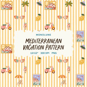 Könnte beinhalten: Ein sich wiederholendes Muster mit mediterranem Urlaubs-Thema. Das Design zeigt einen gelb-weiß gestreiften Hintergrund mit Illustrationen von Sonnenbrillen, Rollern, Briefmarken, Palmen, Hüten, Ananas und Liegestühlen. Der Text "MONOLUNE MEDITERRANEAN VACATION PATTERN" ist enthalten.