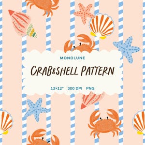 Könnte beinhalten: Digitales Muster mit orangefarbenen Krabben, Muscheln und Seesternen auf rosa Hintergrund mit blau-weißen Streifen. Der Text "CRAB & SHELL PATTERN" wird in einem wolkenförmigen Banner angezeigt. Das Design ist 30,48 x 30,48 cm groß.