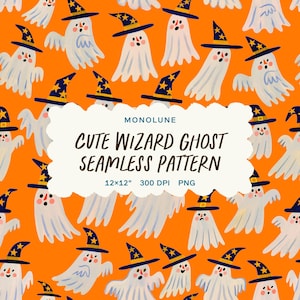Könnte beinhalten: Ein nahtloses Muster mit weißen Geistern, die blaue Zaubererhüte mit gelben Sternen tragen, auf leuchtend orangefarbenem Grund. Der Text in der Mitte lautet MONOLUNE CUTE WIZARD GHOST SEAMLESS PATTERN 12x12" 300 DPI PNG auf einem weißen Etikett.