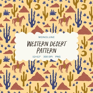 Könnte beinhalten: Ein sich wiederholendes Muster mit Wüstenmotiv. Das Design zeigt Kakteen, Berge, einen Cowboy auf einem Pferd und Halbmonde in Braun-, Blau- und Goldtönen auf hellgelbem Hintergrund. Der Text "Western Desert Pattern" wird angezeigt.