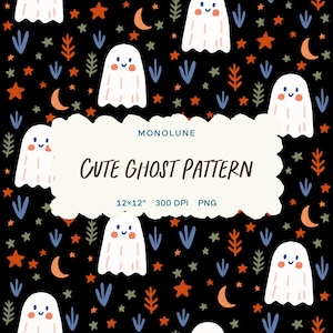 Könnte beinhalten: Ein sich wiederholendes Muster auf schwarzem Hintergrund mit weißen Geistern mit lächelnden Gesichtern, orangefarbenen Sternen, Halbmonden und grünem und orangefarbenem Laub. Der Text "Cute Ghost Pattern" wird auf einem cremefarbenen, wolkenförmigen Hintergrund angezeigt. Das Bild enthält auch den Text "12x12" 300 DPI PNG".