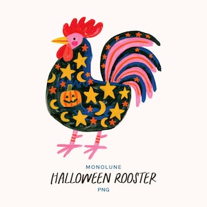 Halloween Rooster Clipart PNG, Colorful Farm Bird with Star and Pumpkin Pattern, Whimsical Folk Art Illustration, Digital Download