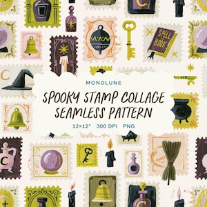 Witchy Seamless Pattern, Spooky Stamp Collage with Potion Cauldron Spell Book, Halloween Surface Design 12x12" PNG Commercial Use