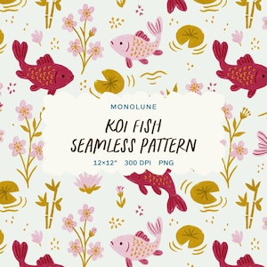 Könnte beinhalten: Ein nahtloses Muster mit Kois, Seerosen und Kirschblüten in Rosa, Rot und Gold auf hellblauem Hintergrund. Der Text "KOI FISH SEAMLESS PATTERN" wird in einem weißen rechteckigen Rahmen angezeigt.