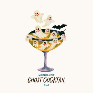 Könnte beinhalten: Eine digitale Illustration eines Cocktailglases, gefüllt mit gelber Flüssigkeit und mehreren kleinen weißen Geistern mit roten Wangen. Eine schwarze Fledermaus fliegt über dem Glas. Der Text lautet MONOLUNE GHOST COCKTAIL PNG in blauer und schwarzer Schrift.