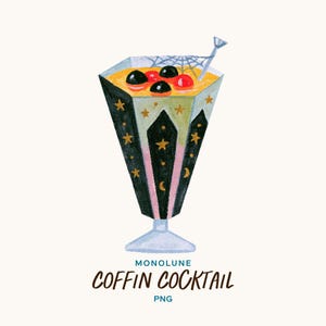 Könnte beinhalten: Eine Aquarellillustration eines Cocktails in einem sargförmigen Glas mit gelber Flüssigkeit, schwarzen und roten Kugeln sowie einer Spinnennetz-Garnierung. Das Glas zeigt schwarze Paneele mit goldenen Sternen und Monden. Text: MONOLUNE COFFIN COCKTAIL PNG.
