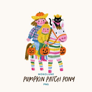 Könnte beinhalten: Eine digitale Illustration von zwei Figuren auf einem weißen Pony mit horizontalen Regenbogenstreifen. Die Figuren tragen Hüte und Pullover, und eine schwarze Katze sitzt auf dem Pony. Drei orangefarbene Kürbisse hängen am Pony. Der Text lautet MONOLUNE PUMPKIN PATCH PONY PNG.