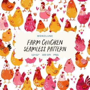 Chicken Seamless Pattern, Whimsical Hen and Rooster Repeat Design, Colorful Farm Animal Surface Design, Digital Paper, 12x12" PNG