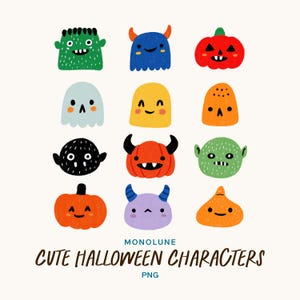 Könnte beinhalten: Eine Sammlung von zwölf bunten Cartoon-Halloween-Charakteren. Die Charaktere umfassen Monster, Geister und Kürbisse in verschiedenen Farben. Der Text "Cute Halloween Characters" wird unter den Charakteren angezeigt.
