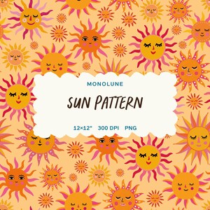 Könnte beinhalten: Ein sich wiederholendes Muster aus lächelnden Sonnen in Gelb-, Orange- und Rosatönen auf hellorangefarbenem Hintergrund. Der Text "SUN PATTERN" wird in einem weißen Feld zusammen mit dem Monolune-Logo und Größenangaben angezeigt.
