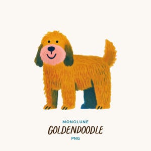 Könnte beinhalten: Eine skurrile Illustration eines Golden Doodle-Hundes mit einem flauschigen, orange-braunen Fell. Der Hund hat eine rosa Nase und einen lächelnden Mund. Das Bild enthält den Text "MONOLUNE" oben und "GOLDENDOODLE PNG" unten.
