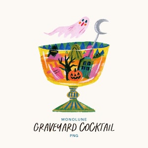 Könnte beinhalten: Eine digitale Illustration eines gelben Cocktailglases, gefüllt mit einer Halloween-Szene inklusive Kürbis, kahlem Baum und Haus. Ein rosa Geist schwebt darüber und ein silberner Rührstab in Form einer Mondsichel steckt darin. Der Text lautet MONOLUNE GRAVEYARD COCKTAIL PNG.