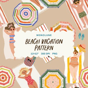 Könnte beinhalten: Digitale Illustration mit einem Strandurlaubsmuster. Das Design umfasst Personen, die sich auf gestreiften Handtüchern sonnen, bunte Sonnenschirme und den Text "BEACH VACATION PATTERN". Das Muster ist 30,5 x 30,5 cm groß.