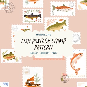 Timbro di pesce senza cuciture, stile postale vintage, PNG, download digitale, 12x12" PNG, illustrazione di trota, uso commerciale, motivo in tessuto