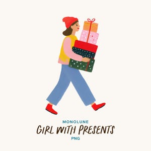 Könnte beinhalten: Illustration einer Person, die geht und einen Stapel verpackter Geschenke trägt. Die Person trägt eine rote Mütze, eine gelbe Weste, ein rosa Hemd, eine blaue Hose und rote Stiefel. Die Geschenke sind in verschiedenen Farben und Mustern gehalten. Der Text "GIRL WITH PRESENTS" steht darunter.
