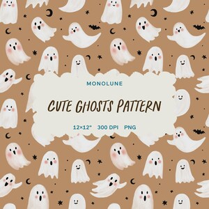 Könnte beinhalten: Ein sich wiederholendes Muster aus weißen Geistern mit schwarzen Augen und rosigen Wangen auf braunem Hintergrund. Das Design umfasst schwarze Sterne, Halbmonde und Fledermäuse. Der Text "CUTE GHOSTS PATTERN" wird in einer cremefarbenen Wolke angezeigt.