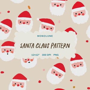 Könnte beinhalten: Ein sich wiederholendes Muster mit Santa Claus-Gesichtern mit roten Mützen und weißen Bärten auf beigem Hintergrund. Der Text "SANTA CLAUS PATTERN" wird in einem wolkenförmigen Banner angezeigt. Der Text "12x12" 300 DPI PNG" ist ebenfalls enthalten.