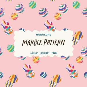 May include: A pink background featuring a repeating pattern of colourful marbles and marble-like shapes. The text "MONOLUNE MARBLE PATTERN" is displayed in a white cloud-shaped text box. The image dimensions are 30.48 x 30.48 cm.