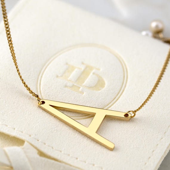 Large Sideways Initial Necklace 18K Gold Plated • Handmade