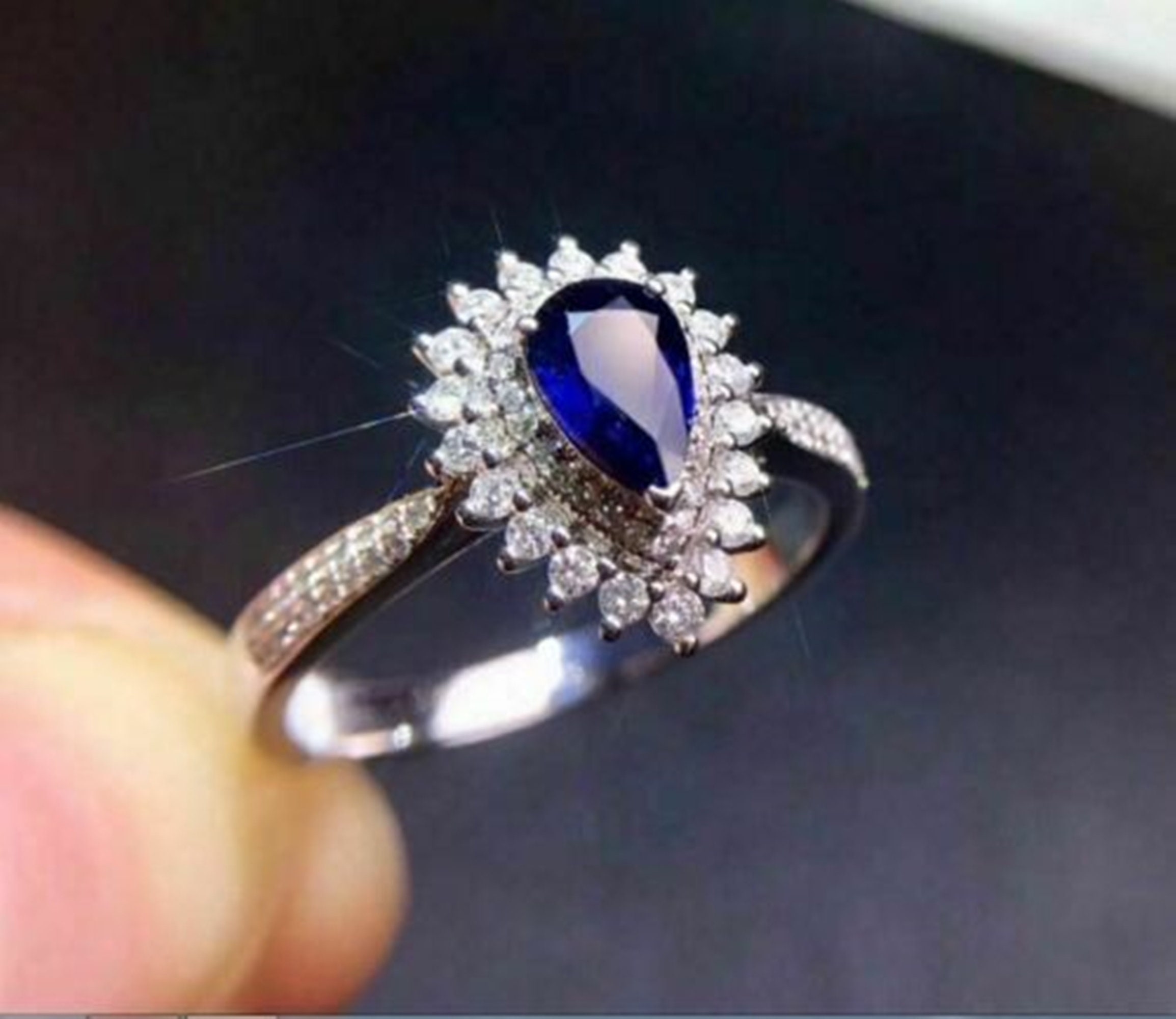 Elegant Blue Pear Cut Diamond Engagement Ring / Unique Wedding | Etsy