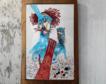 Large ceramic tile painting by Y 39 cm Ginther Tananarive Decor Bergers and Zebu 50s 60 Crafts Madagascar Height